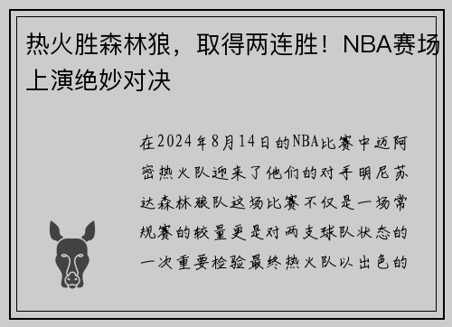 热火胜森林狼，取得两连胜！NBA赛场上演绝妙对决